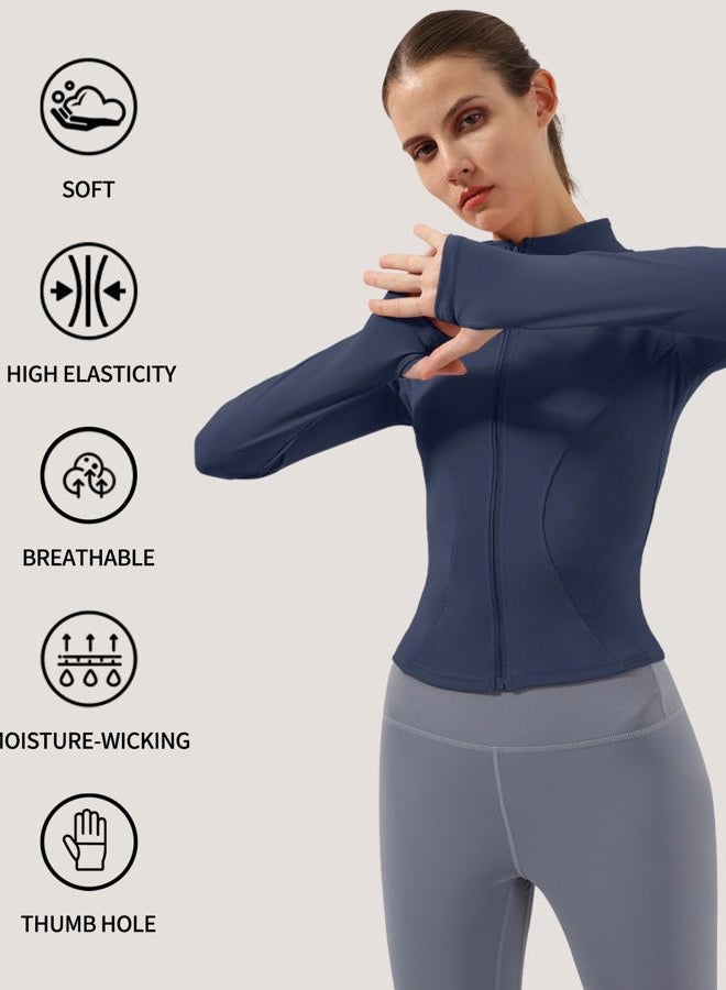 Locachy Women's Lightweight Stretchy Workout Full Zip Running Track Jacket with Thumb Holes, Navy Blue, M - Image 4