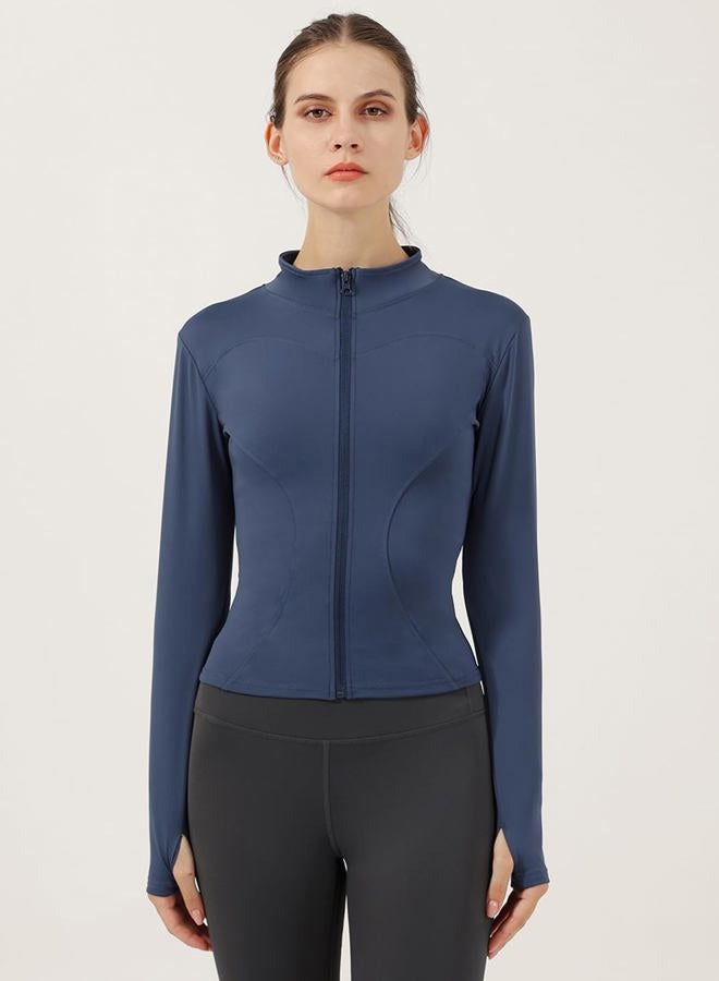 Locachy Women's Lightweight Stretchy Workout Full Zip Running Track Jacket with Thumb Holes, Navy Blue, M - Image 5