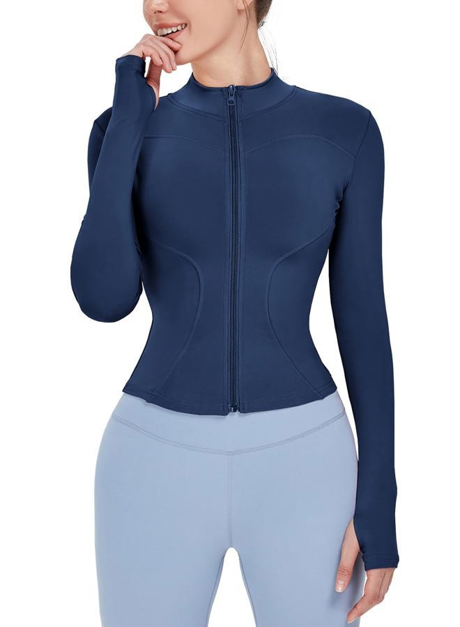 Locachy Women's Lightweight Stretchy Workout Full Zip Running Track Jacket with Thumb Holes, Navy Blue, M - Image 1