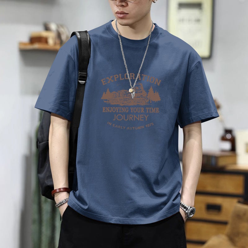 Summer Pure Cotton Short-Sleeve T-Shirt for Men, Trendy Brand Printed Loose Versatile Casual Base Round Neck Tee Shirt Top - Image 5