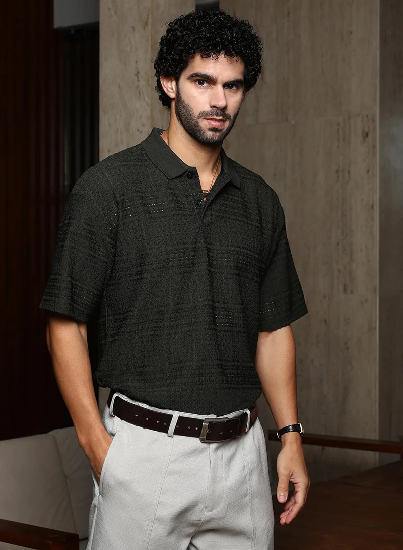 Campus Sutra Men's Midnight Black Bohomian Oversized Polo T-Shirt