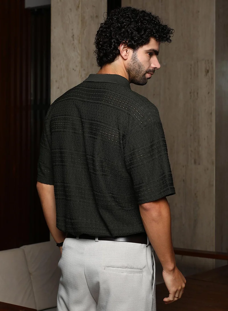 Campus Sutra Men's Midnight Black Bohomian Oversized Polo T-Shirt