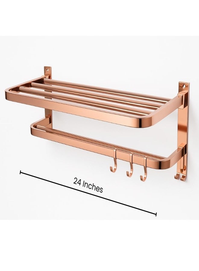 Elexa Hardware Rose Gold Foldable Bathroom Shelf | Wall Mounted Foldable Stainless Steel Towel Rack with Hooks | Space Saving & Modern Bathroom Organization - Image 3