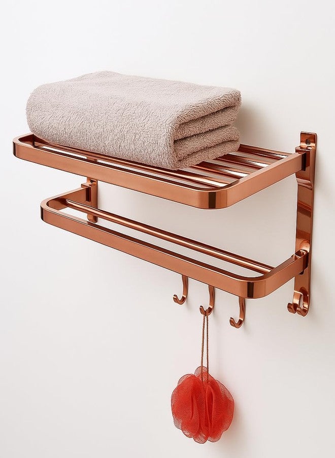 Elexa Hardware Rose Gold Foldable Bathroom Shelf | Wall Mounted Foldable Stainless Steel Towel Rack with Hooks | Space Saving & Modern Bathroom Organization - Image 2