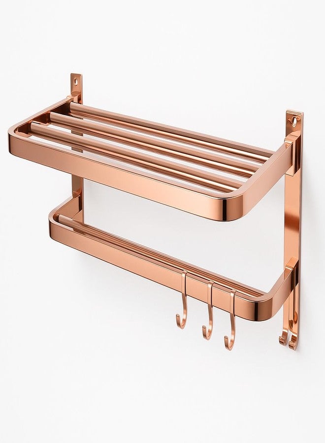 Elexa Hardware Rose Gold Foldable Bathroom Shelf | Wall Mounted Foldable Stainless Steel Towel Rack with Hooks | Space Saving & Modern Bathroom Organization - Image 1