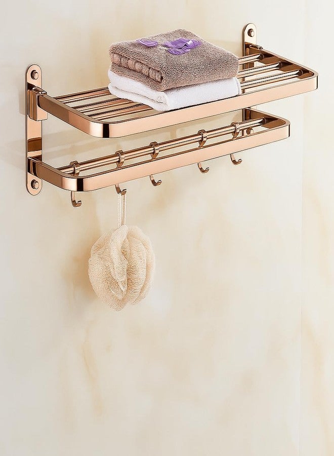 Elexa Hardware Rose Gold Foldable Bathroom Shelf | Wall Mounted Foldable Stainless Steel Towel Rack with Hooks | Space Saving & Modern Bathroom Organization - Image 4