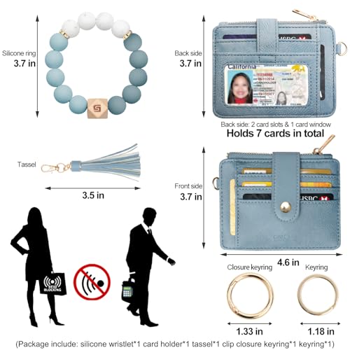 COOLANS Wristlet Bracelet Keychain Pocket Credit Card Holder Purse Tassel Keychain Bangle Key Ring for Women (Silicone Bead Bracelet+Card Purse (Denim Blue)) - Image 2