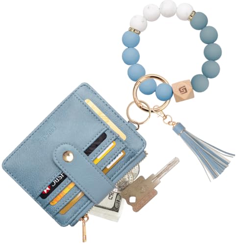 COOLANS Wristlet Bracelet Keychain Pocket Credit Card Holder Purse Tassel Keychain Bangle Key Ring for Women (Silicone Bead Bracelet+Card Purse (Denim Blue)) - Image 1