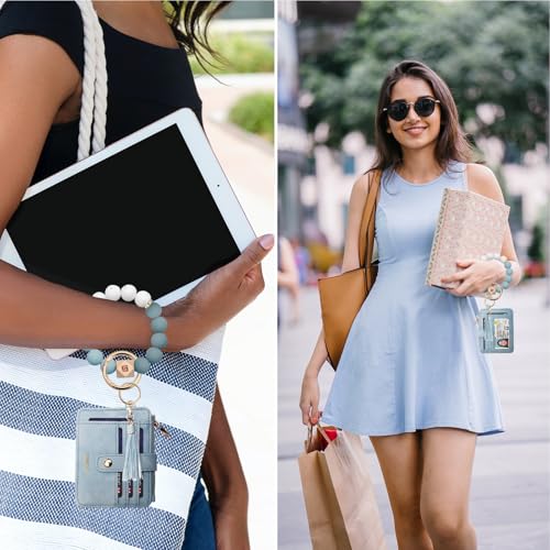 COOLANS Wristlet Bracelet Keychain Pocket Credit Card Holder Purse Tassel Keychain Bangle Key Ring for Women (Silicone Bead Bracelet+Card Purse (Denim Blue)) - Image 3