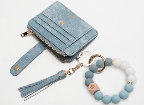 COOLANS Wristlet Bracelet Keychain Pocket Credit Card Holder Purse Tassel Keychain Bangle Key Ring for Women (Silicone Bead Bracelet+Card Purse (Denim Blue)) - Image 4