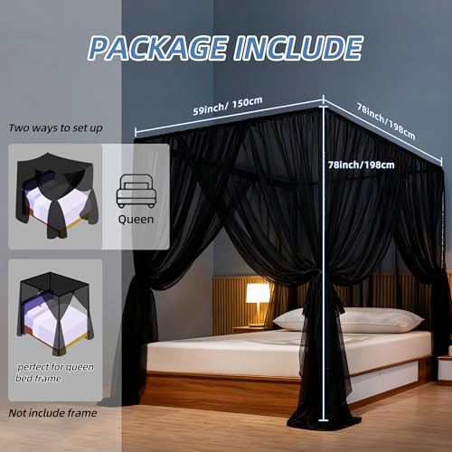 lazyzzz Bed Canopy, Black Canopy Bed Curtains Bed Drapes Mosquito Net for Queen Size Bed, Bedroom Decor Drapes Patio Indoor Outdoor Room Decor Mosquito Netting - Image 2