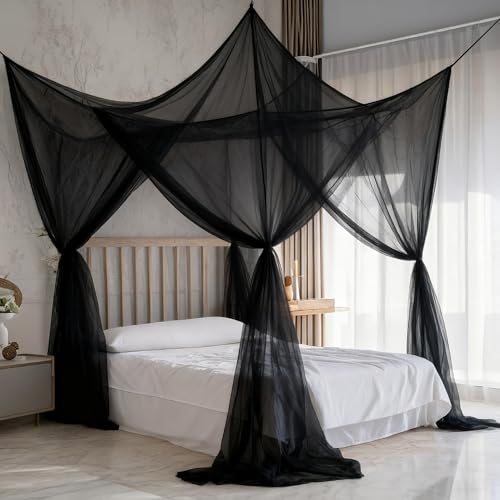 lazyzzz Bed Canopy, Black Canopy Bed Curtains Bed Drapes Mosquito Net for Queen Size Bed, Bedroom Decor Drapes Patio Indoor Outdoor Room Decor Mosquito Netting - Image 1