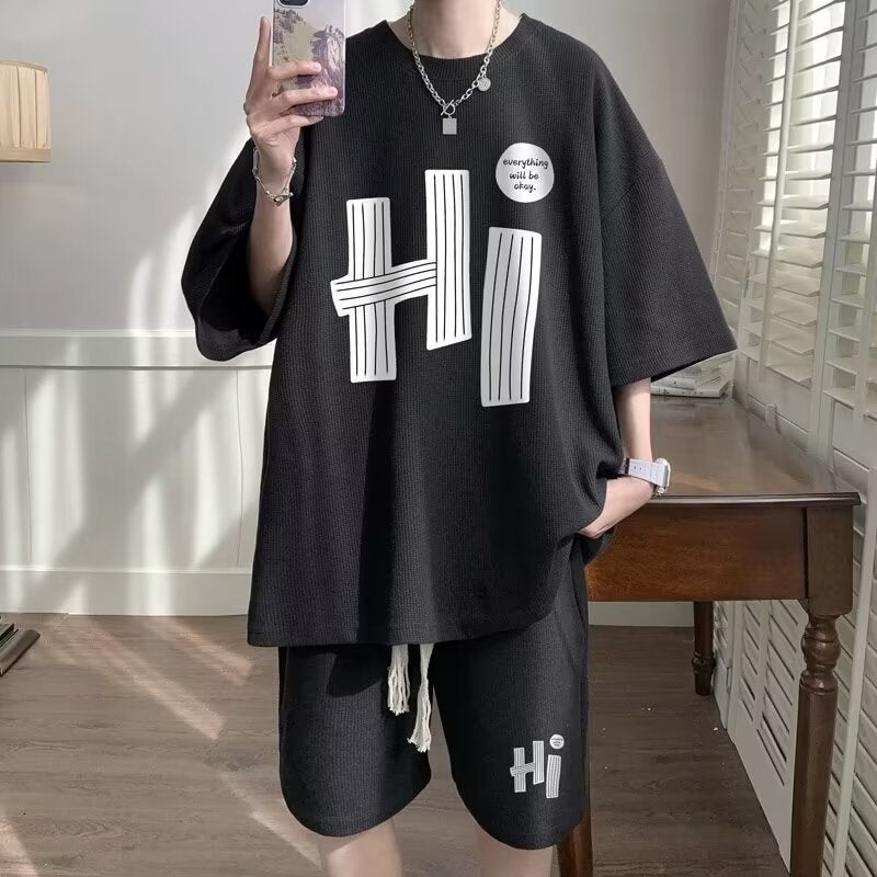 Waffle plus size Sports suit Boys Summer Hong Kong Fashion Brand Loose High Sense Short Sleeve Shorts Two-piece Fashionable Set Black 