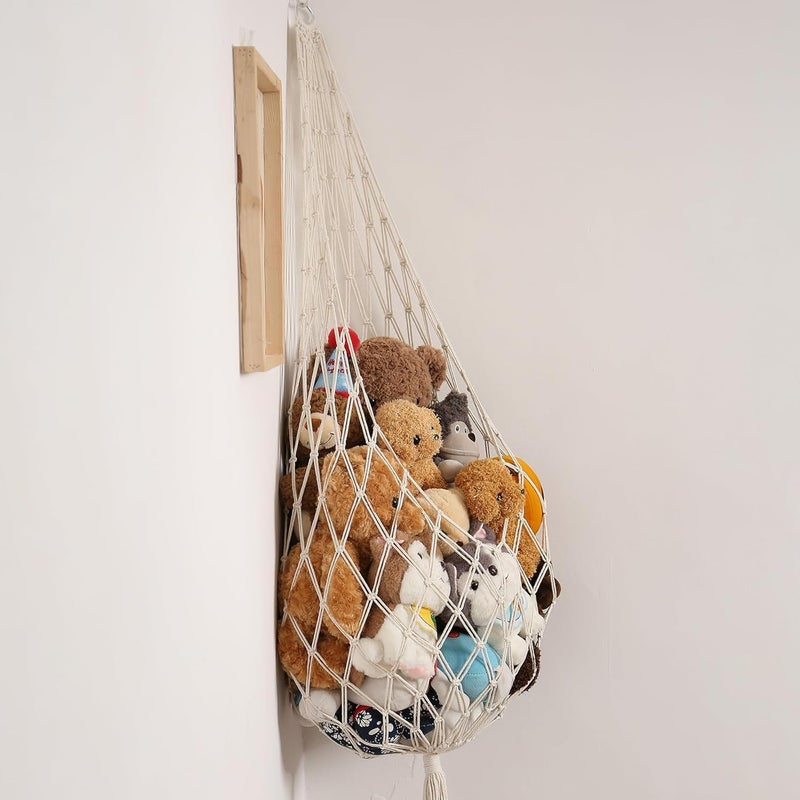 Macrame Kn0ts Stuffed Animal Storage Organizer Toy Hammock – Macrame Hanging Net for Plush Toys, Boho Nursery & Playroom Decor, Wall-Mounted Stuffed Animal Holder (white) - Image 4