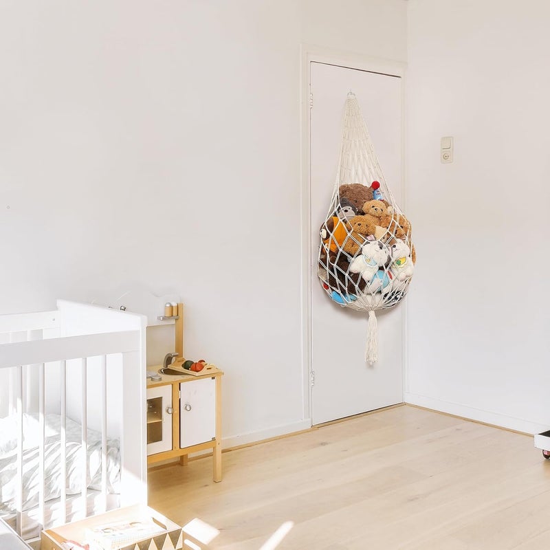 Macrame Kn0ts Stuffed Animal Storage Organizer Toy Hammock – Macrame Hanging Net for Plush Toys, Boho Nursery & Playroom Decor, Wall-Mounted Stuffed Animal Holder (white) - Image 1
