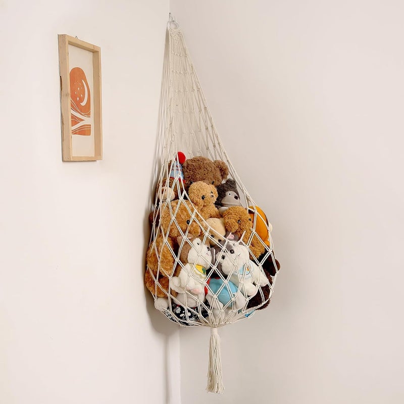 Macrame Kn0ts Stuffed Animal Storage Organizer Toy Hammock – Macrame Hanging Net for Plush Toys, Boho Nursery & Playroom Decor, Wall-Mounted Stuffed Animal Holder (white) - Image 3