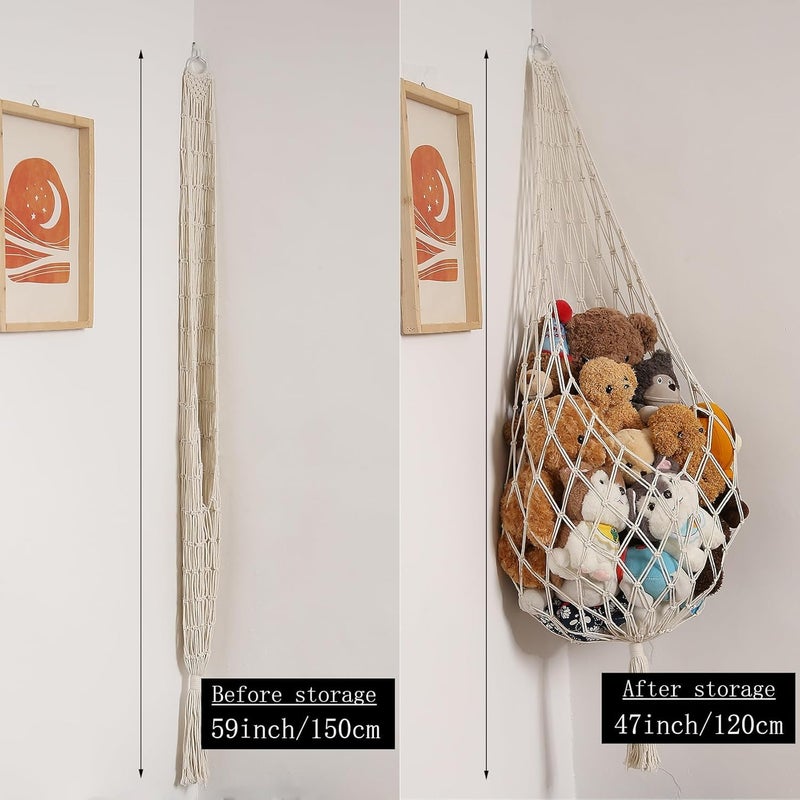 Macrame Kn0ts Stuffed Animal Storage Organizer Toy Hammock – Macrame Hanging Net for Plush Toys, Boho Nursery & Playroom Decor, Wall-Mounted Stuffed Animal Holder (white) - Image 5