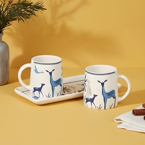 CRAF10 Ceramic Coffee Tea Mugs (330 ML) Sets of 2 with Tray| Microwave & Dishwasher Safe | Ideal for Gifting | Blue Stag Model - Image 1