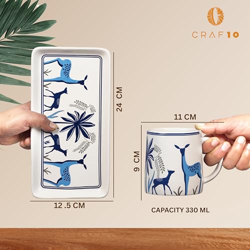 CRAF10 Ceramic Coffee Tea Mugs (330 ML) Sets of 2 with Tray| Microwave & Dishwasher Safe | Ideal for Gifting | Blue Stag Model - Image 5