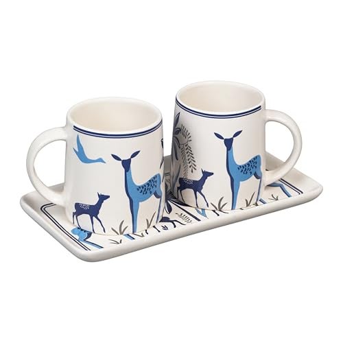 CRAF10 Ceramic Coffee Tea Mugs (330 ML) Sets of 2 with Tray| Microwave & Dishwasher Safe | Ideal for Gifting | Blue Stag Model - Image 2