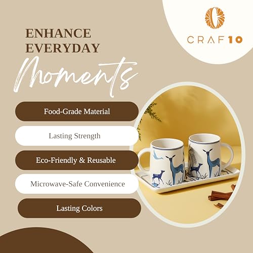 CRAF10 Ceramic Coffee Tea Mugs (330 ML) Sets of 2 with Tray| Microwave & Dishwasher Safe | Ideal for Gifting | Blue Stag Model - Image 3