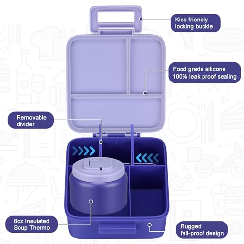 MAISON HUIS Bento Lunch Box with 8oz Soup Thermo 5Compartment LeakProof Container Thermo Hot Food Jar and Insulated Lunch Bag BPA FreeTravel School Purple - Image 3