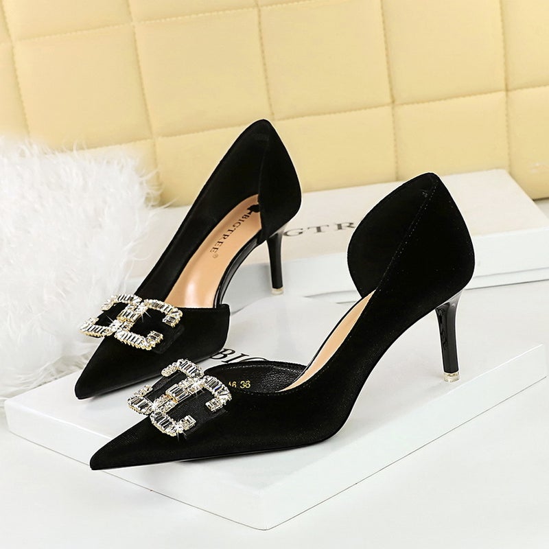 1363-Ak78 Banquet Light Luxury Women'S Shoes High Heels Stiletto Side Hollow Suede Shallow Mouth Pointed Buckle Shoes - Image 4