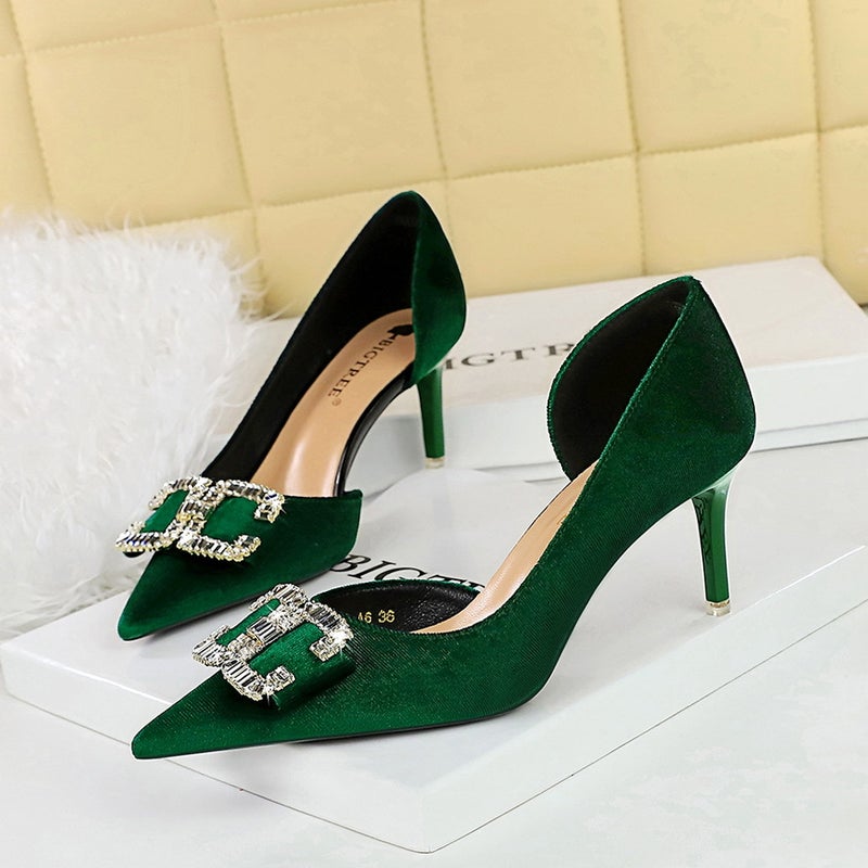 1363-Ak78 Banquet Light Luxury Women'S Shoes High Heels Stiletto Side Hollow Suede Shallow Mouth Pointed Buckle Shoes - Image 3