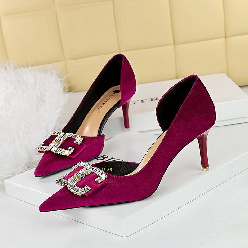 1363-Ak78 Banquet Light Luxury Women'S Shoes High Heels Stiletto Side Hollow Suede Shallow Mouth Pointed Buckle Shoes - Image 2
