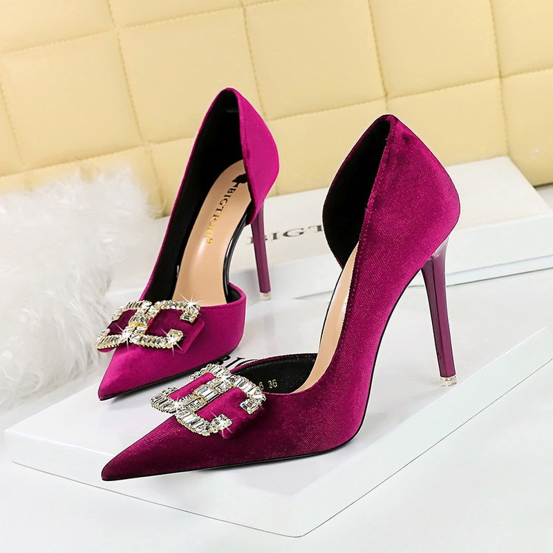 1363-Ak78 Banquet Light Luxury Women'S Shoes High Heels Stiletto Side Hollow Suede Shallow Mouth Pointed Buckle Shoes - Image 1