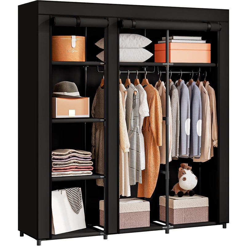 SORCEDAS Portable Wardrobe Closet Storage Organizer Metal Hanging Rack Non-Woven Fabric (Black, 51 Inch) - Image 1