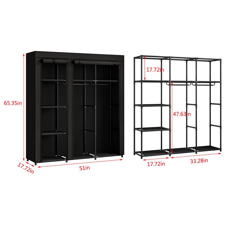 SORCEDAS Portable Wardrobe Closet Storage Organizer Metal Hanging Rack Non-Woven Fabric (Black, 51 Inch) - Image 5