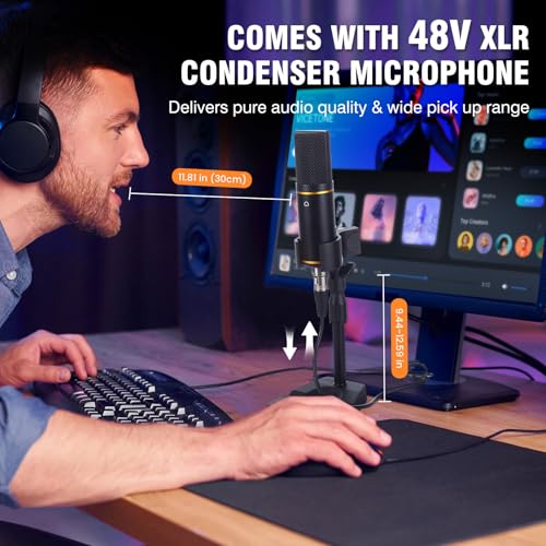 RHM X7 Podcast Equipment Bundle, 48V Phantom Power Mixer with XLR Condenser Mic, Vocal Remover, 4 Customizable Soundpads, 16-Level Noise Reduction, 6.35mm Guitar Input, LCD Screen, for TikTok, YouTube - Image 2