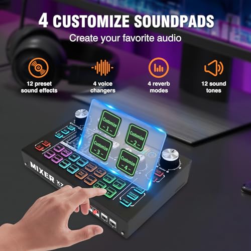 RHM X7 Podcast Equipment Bundle, 48V Phantom Power Mixer with XLR Condenser Mic, Vocal Remover, 4 Customizable Soundpads, 16-Level Noise Reduction, 6.35mm Guitar Input, LCD Screen, for TikTok, YouTube - Image 3