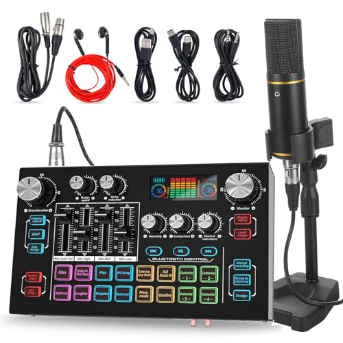 RHM X7 Podcast Equipment Bundle, 48V Phantom Power Mixer with XLR Condenser Mic, Vocal Remover, 4 Customizable Soundpads, 16-Level Noise Reduction, 6.35mm Guitar Input, LCD Screen, for TikTok, YouTube - Image 1