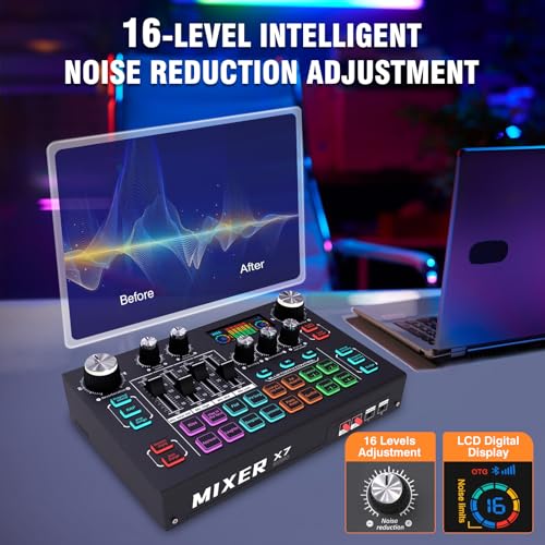 RHM X7 Podcast Equipment Bundle, 48V Phantom Power Mixer with XLR Condenser Mic, Vocal Remover, 4 Customizable Soundpads, 16-Level Noise Reduction, 6.35mm Guitar Input, LCD Screen, for TikTok, YouTube - Image 4