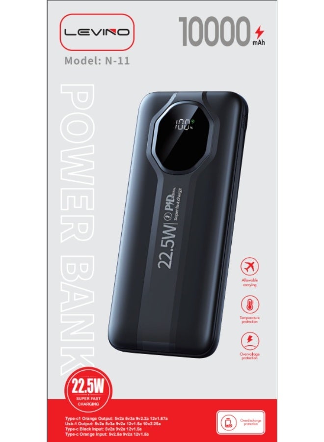 Levino Power Bank, 10000mAh, 22.5W Fast Charging, Flight Approved, Black - Image 1
