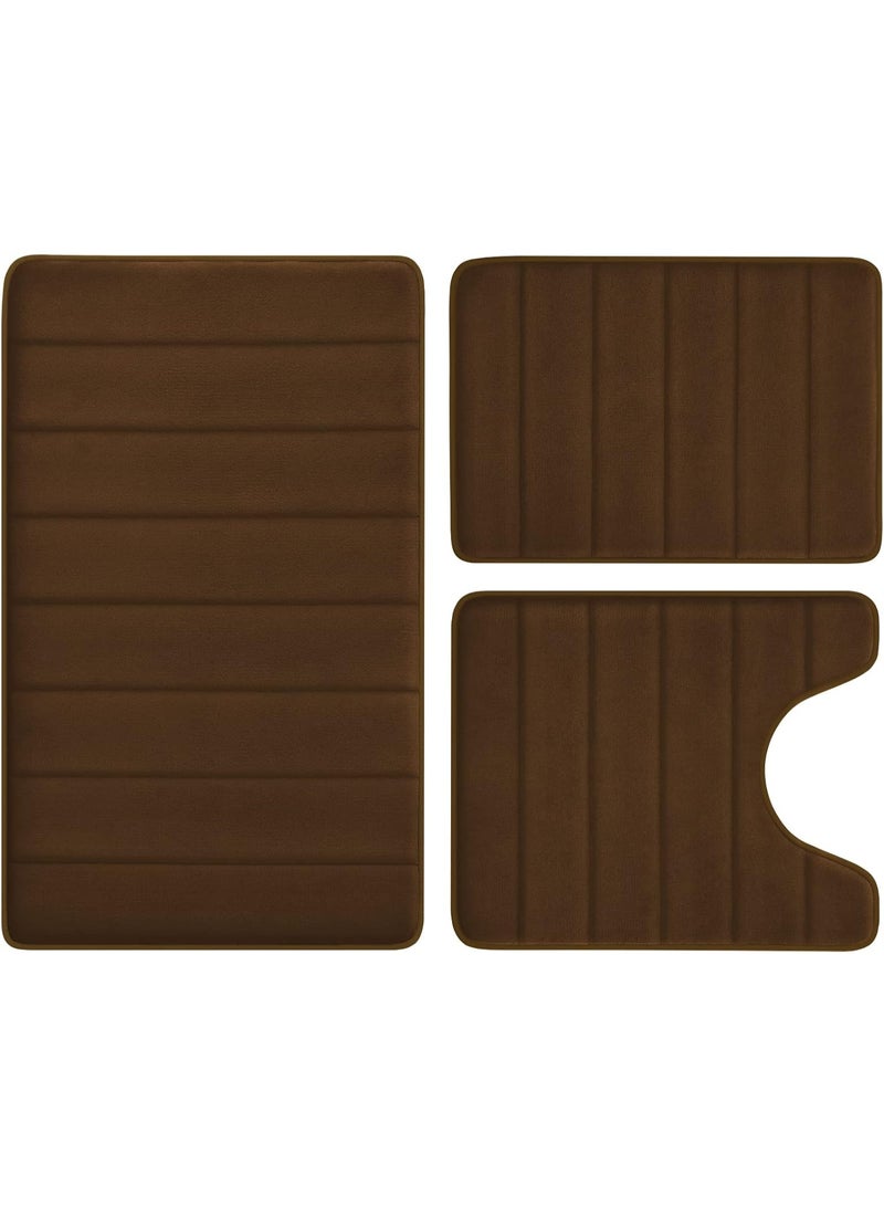 3 Pieces Coffee Brown Coral Velvet Bathroom Rug Set, Non Slip Fast Water Absorbent Soft Fluffy Bath Mats, Washable Floor Mats for Shower Toilet Sink - Image 2