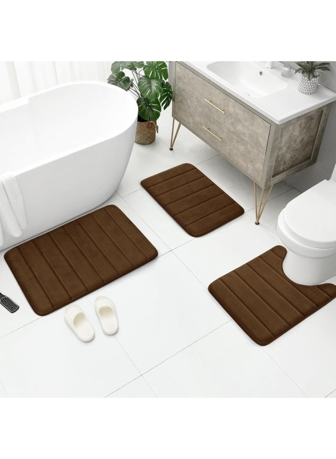 3 Pieces Coffee Brown Coral Velvet Bathroom Rug Set, Non Slip Fast Water Absorbent Soft Fluffy Bath Mats, Washable Floor Mats for Shower Toilet Sink - Image 1