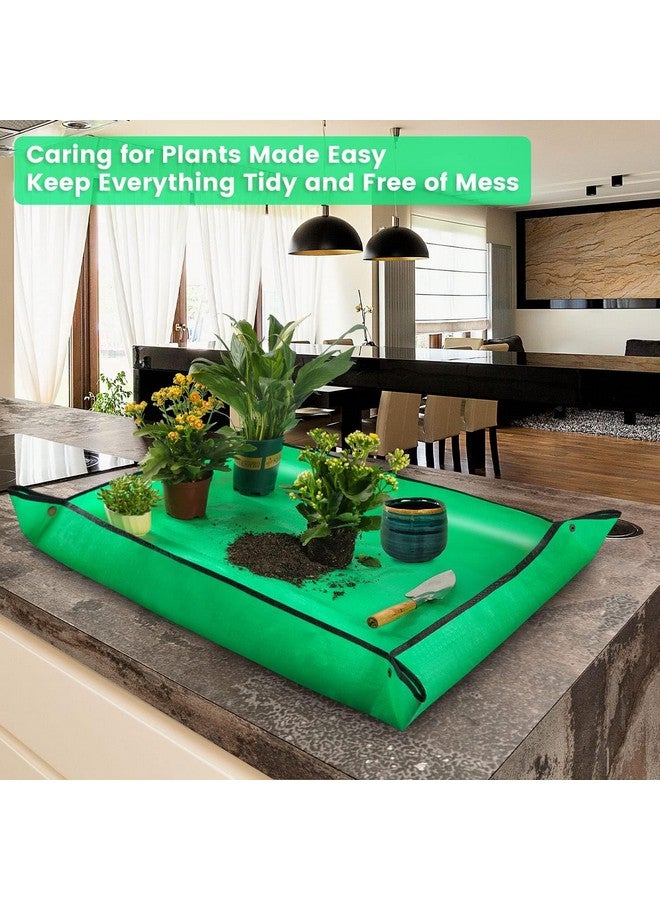 DHVSAM 100*100CM Gardening Mat for Indoor Bonsai Succulent Plant Care Waterproof and Foladable PE Garden Mat for Watering Grassland Balcony Nursery Potting and Transplanting Mat Plant Seedling Green - Image 2