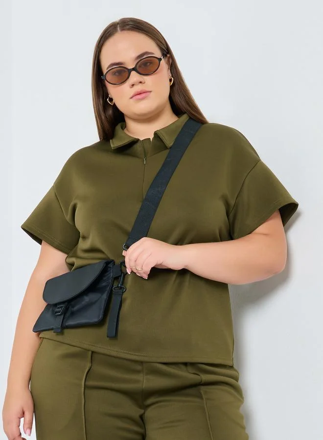 Styli Styli Plus Size Khaki Polo T-Shirt