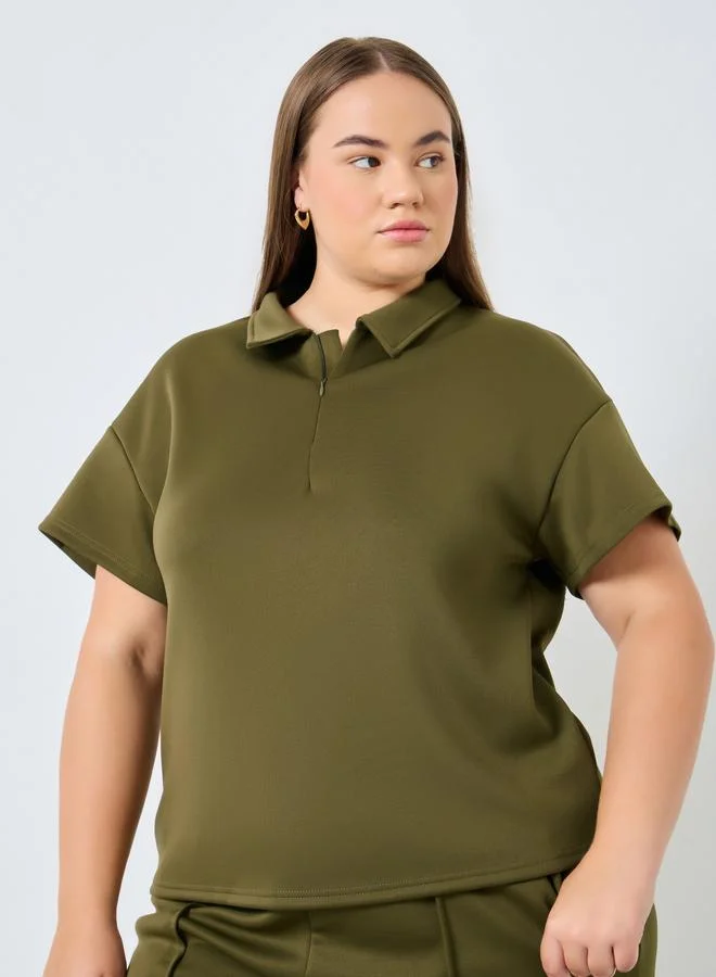 Styli Styli Plus Size Khaki Polo T-Shirt