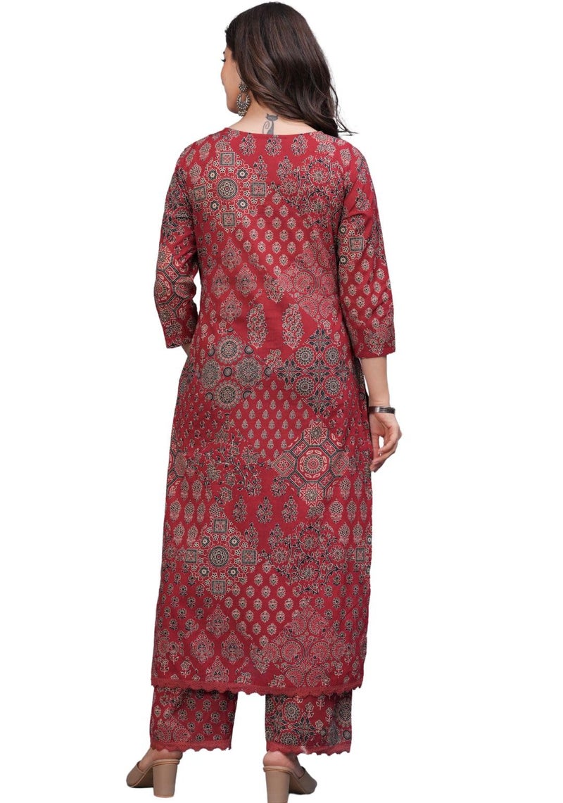rytras Women's Pure Cotton Printed Straight Kurta Set with Palazzo Pants - Ethnic Wear, Maroon(RYT618-New,M) - Image 2