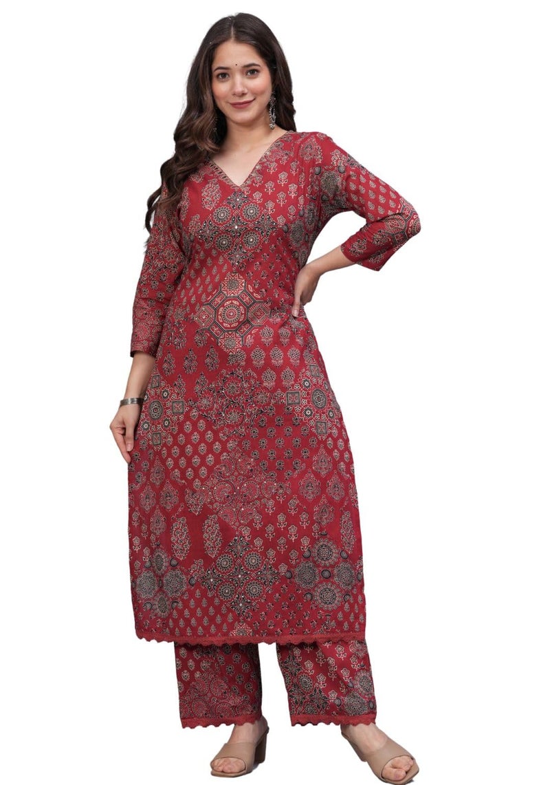 rytras Women's Pure Cotton Printed Straight Kurta Set with Palazzo Pants - Ethnic Wear, Maroon(RYT618-New,M) - Image 1