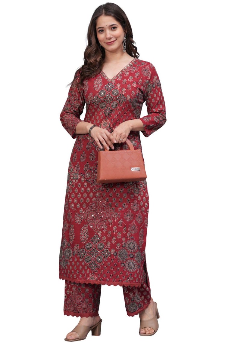 rytras Women's Pure Cotton Printed Straight Kurta Set with Palazzo Pants - Ethnic Wear, Maroon(RYT618-New,M) - Image 5