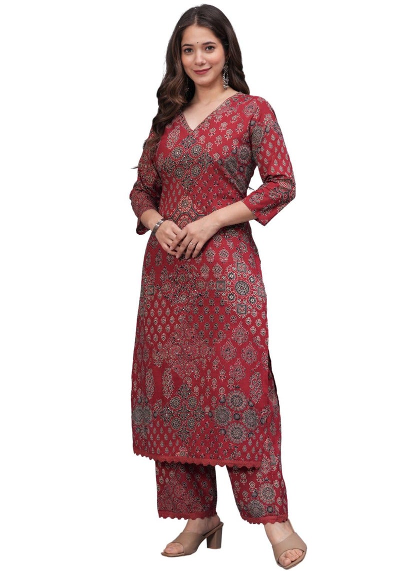 rytras Women's Pure Cotton Printed Straight Kurta Set with Palazzo Pants - Ethnic Wear, Maroon(RYT618-New,M) - Image 4