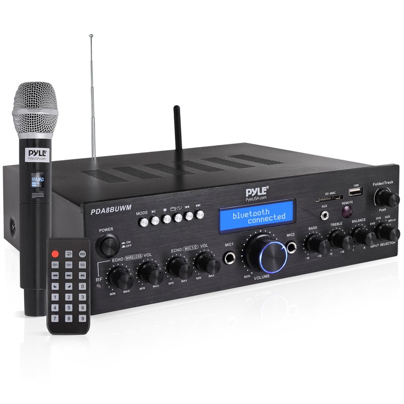 Pyle Wireless Microphone Bluetooth Amplifier-200W Peak Power Dual Channel Stereo Audio Receiver w/USB,AUX in, Dual Mic Inputs w/Echo Control,RCA Input, For Karaoke,Home Theater,Music Studio- PDA8BUWM - Image 1