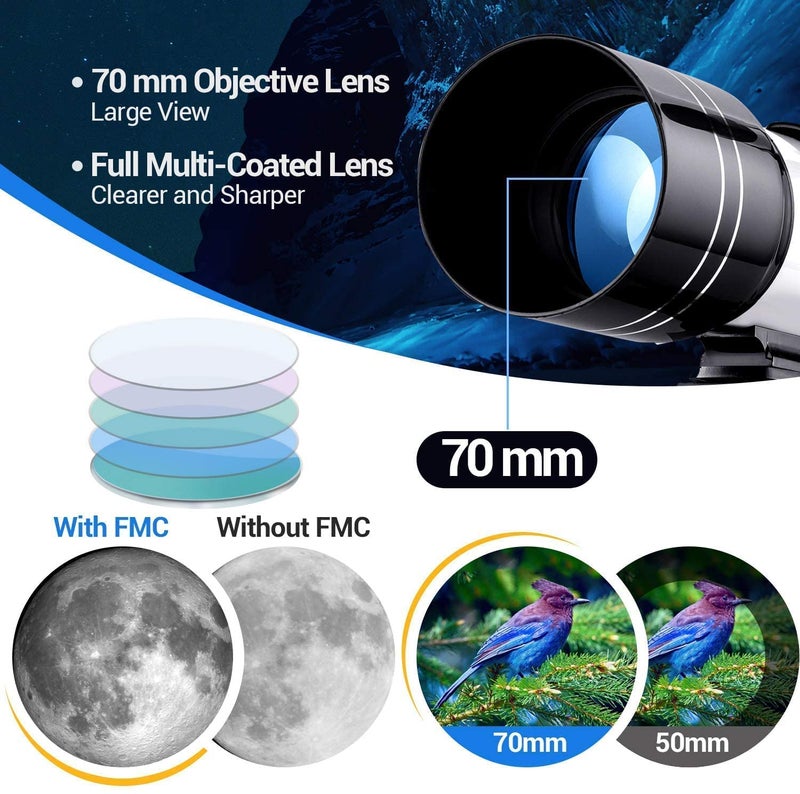 Marrone Telescope Astronomical Portable Zoom HD Refractor Telescope for Beginners, 70mm Aperture 300mm AZ Mount with Barlow 2 Lens Eyepiece & Tripod & Moon Filter Kids Star Spotting Scope - Image 2