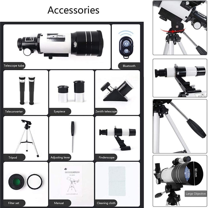 Marrone Telescope Astronomical Portable Zoom HD Refractor Telescope for Beginners, 70mm Aperture 300mm AZ Mount with Barlow 2 Lens Eyepiece & Tripod & Moon Filter Kids Star Spotting Scope - Image 4