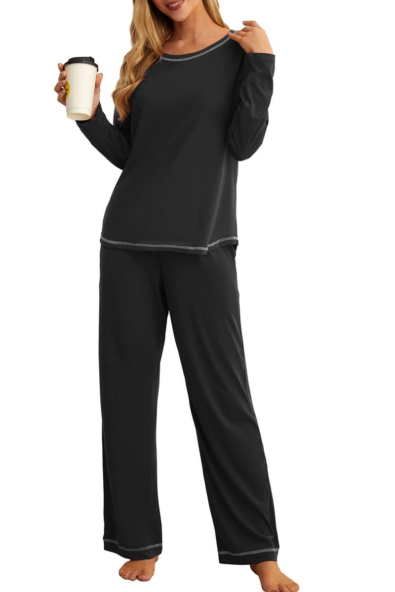 PrinStory Womens Pajama Set 2025 Lounge Sets Long Sleeve Sleepwear Soft 2 Piece Pjs with Pockets BlackXL